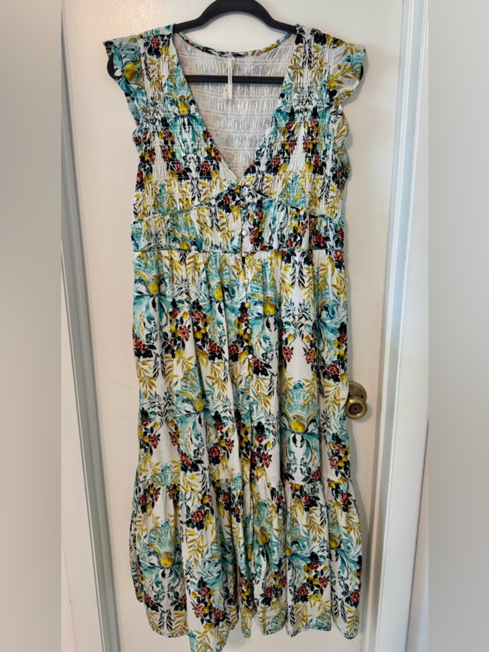 Anthropologie Smocked Floral V-Neck NEW with tags Dress in White & Teal Size XLP